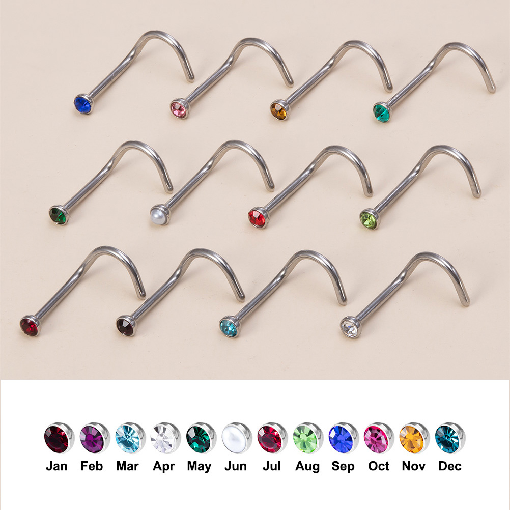 12PCS Birthstone CZ Nose Stud  - Nostril Screw Pin recension och pris